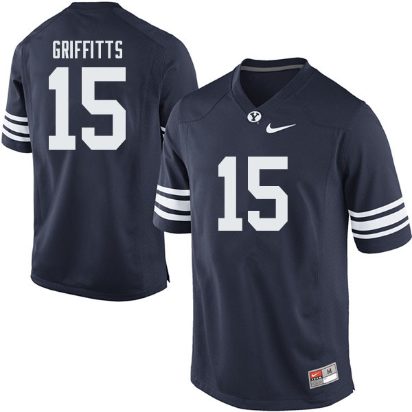 Men #15 Hayden Griffitts BYU Cougars College Football Jerseys Sale-Navy